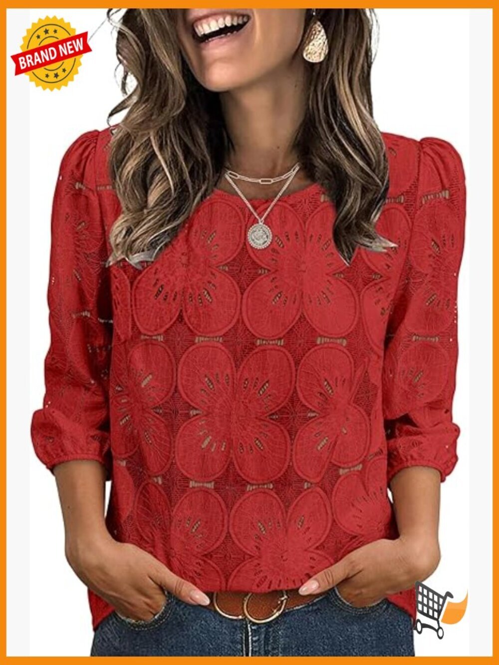 Eyelet Lace 3/4 Sleeve Peasant Top, Lightweight Blouse for Spring Summer